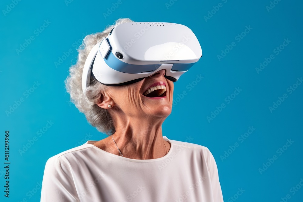 Headshot portrait photography of a happy mature woman playing with virtual reality mask against a sky-blue background. With generative AI technology