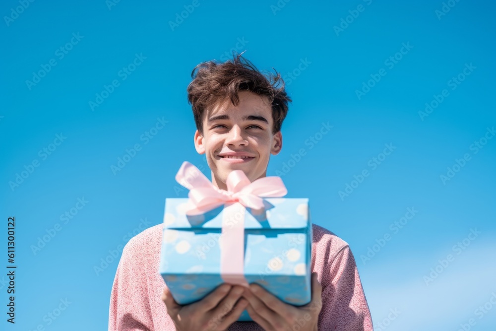 Close-up portrait photography of a glad boy in his 20s holding a gift against a sky-blue background. With generative AI technology Close-up portrait photography of a glad boy in his 20s holding a gift against a sky-blue background. With generative AI technology