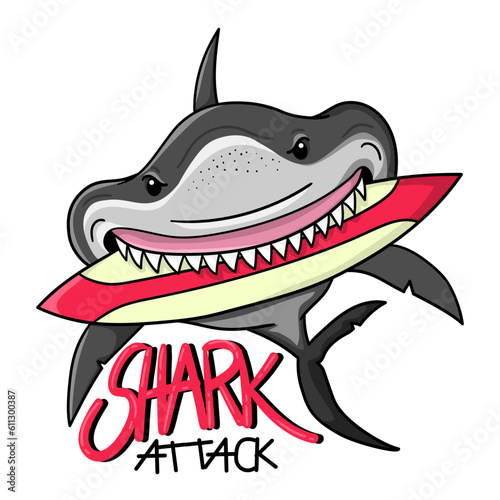 Illustration of a shark biting a surfboard with Shark attack lettering, t-shirt design