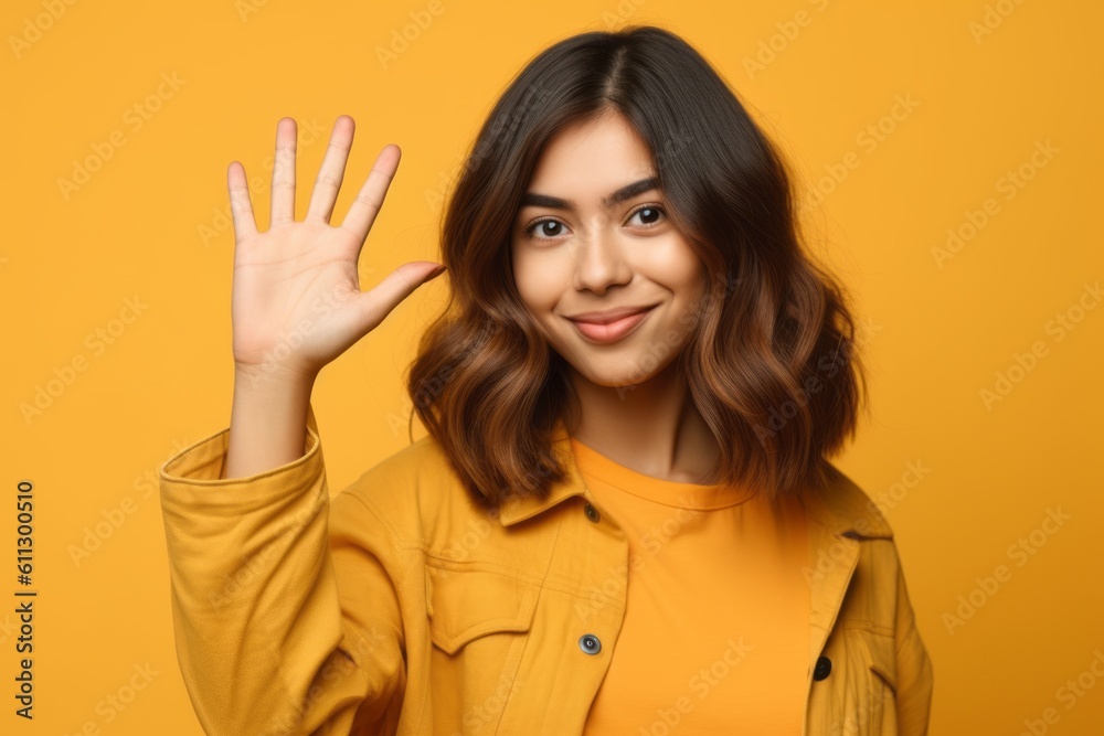 Close-up portrait photography of a glad girl in her 20s making a no or stop gesture with the extended palm against a yellow background. With generative AI technology Close-up portrait photography of a glad girl in her 20s making a no or stop gesture with the extended palm against a yellow background. With generative AI technology