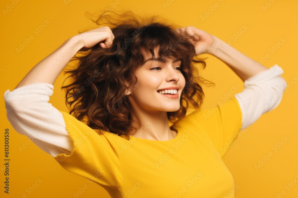 Close-up portrait photography of a beautiful girl in her 20s extending arms to one side in a gesture of freedom against a yellow background. With generative AI technology Close-up portrait photography of a beautiful girl in her 20s extending arms to one side in a gesture of freedom against a yellow background. With generative AI technology