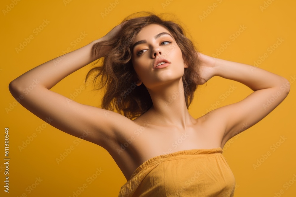 Close-up portrait photography of a beautiful girl in her 20s extending arms to one side in a gesture of freedom against a yellow background. With generative AI technology Close-up portrait photography of a beautiful girl in her 20s extending arms to one side in a gesture of freedom against a yellow background. With generative AI technology