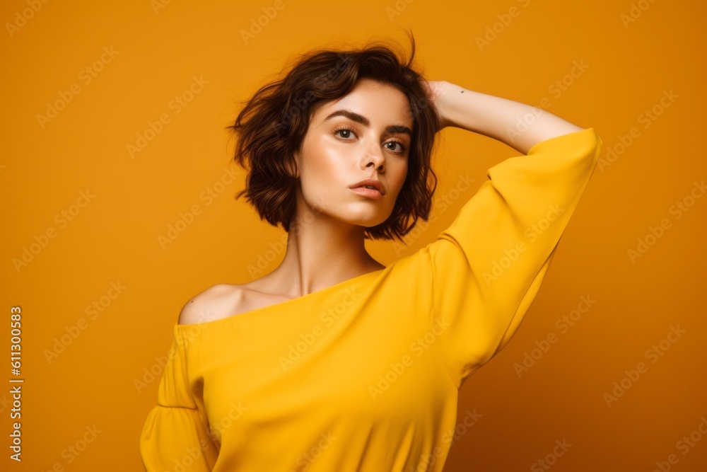 Close-up portrait photography of a beautiful girl in her 20s extending arms to one side in a gesture of freedom against a yellow background. With generative AI technology Close-up portrait photography of a beautiful girl in her 20s extending arms to one side in a gesture of freedom against a yellow background. With generative AI technology