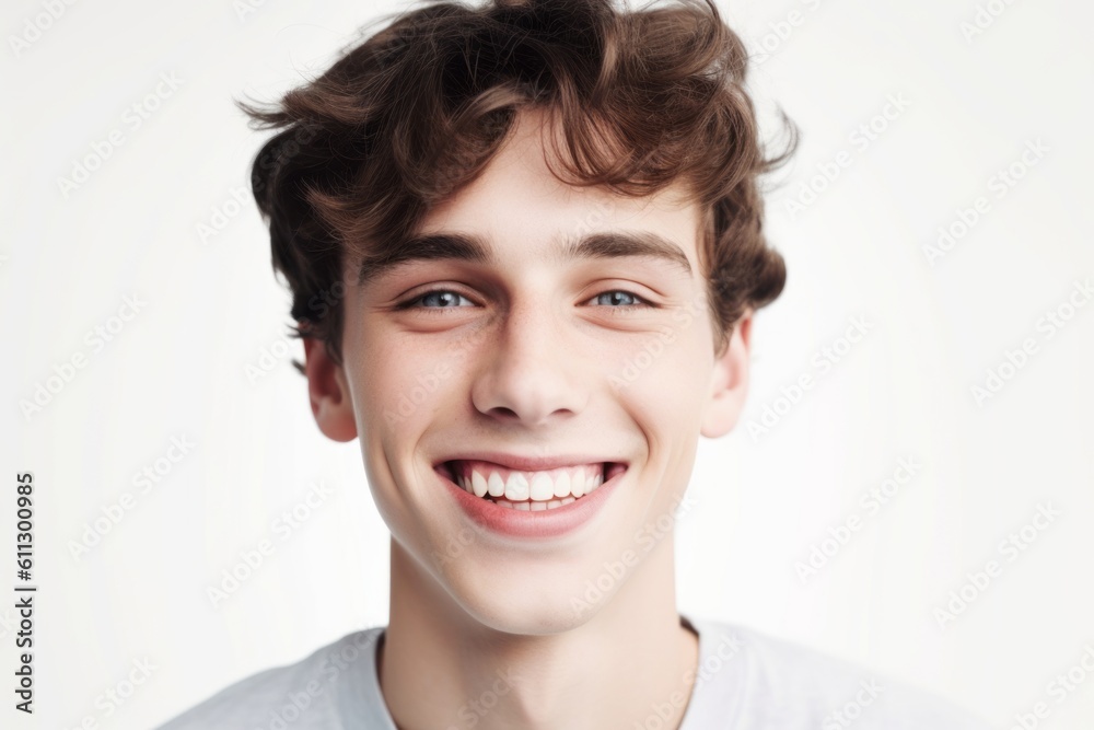 Close-up portrait photography of a beautiful boy in his 20s smiling against a pearl white background. With generative AI technology Close-up portrait photography of a beautiful boy in his 20s smiling against a pearl white background. With generative AI technology