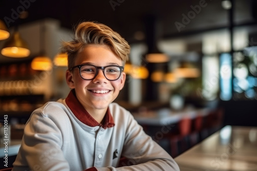 happy teen boy sitting in cafe after classes, AI Generative