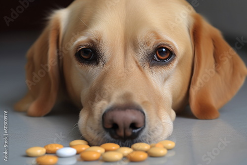 Sad face of sick labrador dog lying down near pills or drugs, generative ai