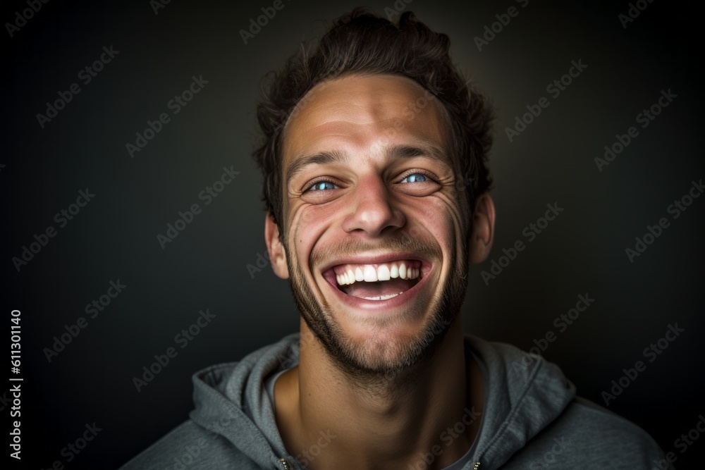Φωτογραφία Headshot portrait photography of a happy boy in his 30s covering one eye against a metallic silver background