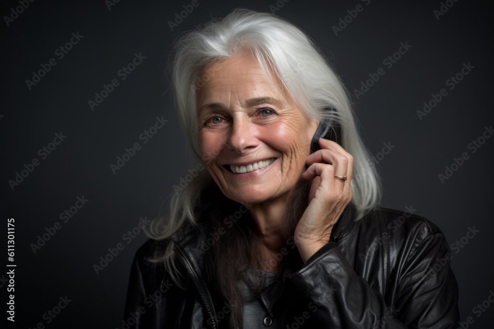 Close-up portrait photography of a glad mature woman talking on the phone against a metallic silver background. With generative AI technology Close-up portrait photography of a glad mature woman talking on the phone against a metallic silver background. With generative AI technology