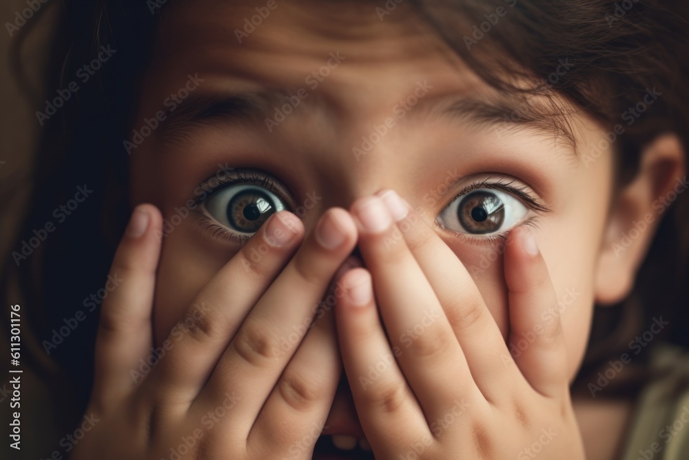 Close-up portrait photography of a glad kid female putting hands on the face in a gesture of terror against a beige background. With generative AI technology Close-up portrait photography of a glad kid female putting hands on the face in a gesture of terror against a beige background. With generative AI technology