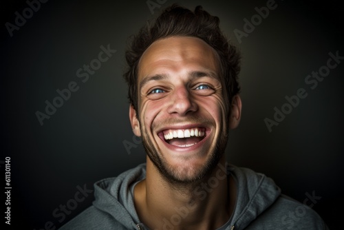Headshot portrait photography of a happy boy in his 30s covering one eye against a metallic silver background. With generative AI technology