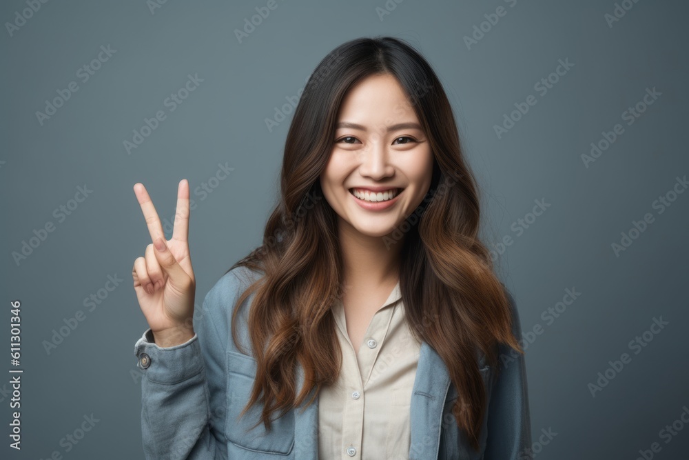 Medium shot portrait photography of a grinning girl in her 30s making a peace gesture with two fingers against a cool gray background. With generative AI technology Medium shot portrait photography of a grinning girl in her 30s making a peace gesture with two fingers against a cool gray background. With generative AI technology