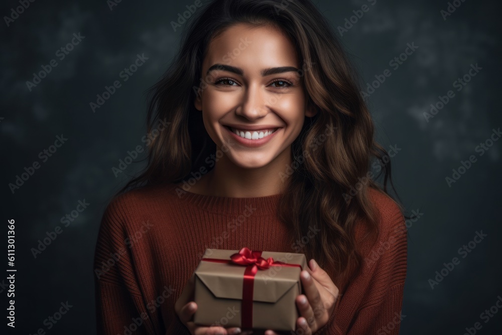 Medium shot portrait photography of a happy girl in her 30s holding a gift against a cool gray background. With generative AI technology Medium shot portrait photography of a happy girl in her 30s holding a gift against a cool gray background. With generative AI technology