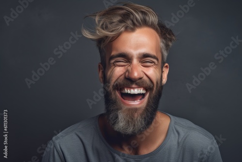 Medium shot portrait photography of a satisfied boy in his 30s laughing against a cool gray background. With generative AI technology