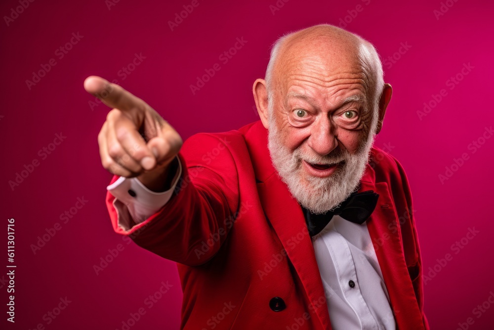 Close-up portrait photography of a grinning old man pointing at oneself with the index finger against a ruby red background. With generative AI technology Close-up portrait photography of a grinning old man pointing at oneself with the index finger against a ruby red background. With generative AI technology