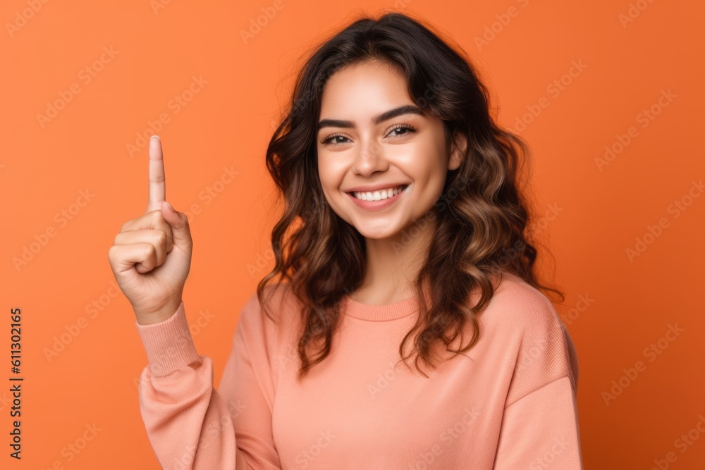Medium shot portrait photography of a beautiful girl in her 20s showing a thumb up against a coral pink background. With generative AI technology Medium shot portrait photography of a beautiful girl in her 20s showing a thumb up against a coral pink background. With generative AI technology