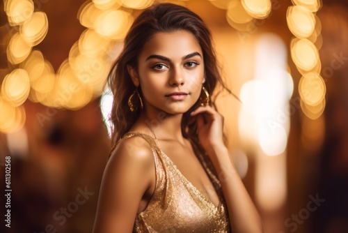 Headshot portrait photography of a beautiful girl in her 20s posing as if dancing against a gold background. With generative AI technology