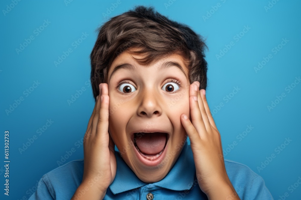 Close-up portrait photography of a happy kid male making a surprise gesture by covering one's mouth against a periwinkle blue background. With generative AI technology Close-up portrait photography of a happy kid male making a surprise gesture by covering one's mouth against a periwinkle blue background. With generative AI technology
