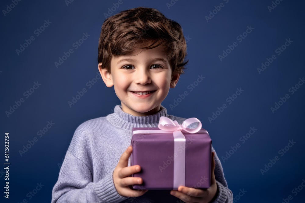 Close-up portrait photography of a happy kid male holding a gift against a periwinkle blue background. With generative AI technology Close-up portrait photography of a happy kid male holding a gift against a periwinkle blue background. With generative AI technology