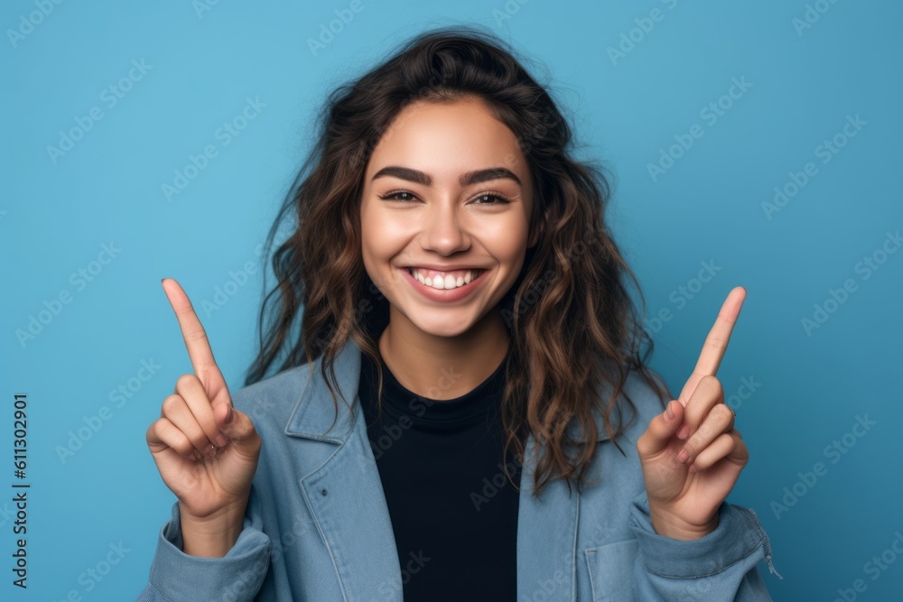 Headshot portrait photography of a glad girl in her 20s making an ok gesture with the fingers against a periwinkle blue background. With generative AI technology Headshot portrait photography of a glad girl in her 20s making an ok gesture with the fingers against a periwinkle blue background. With generative AI technology