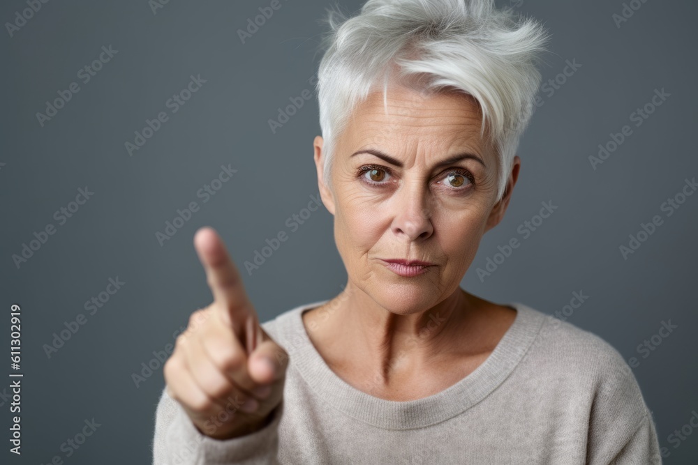 Close-up portrait photography of a satisfied mature woman making a i have an idea gesture with a finger up against a minimalist or empty room background. With generative AI technology Close-up portrait photography of a satisfied mature woman making a i have an idea gesture with a finger up against a minimalist or empty room background. With generative AI technology