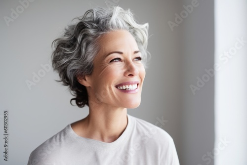 Medium shot portrait photography of a beautiful mature woman winking against a minimalist or empty room background. With generative AI technology