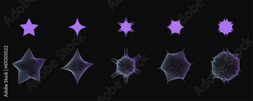 Surreal geometric shapes, and patterns, wireframe. Editable stroke, futuristic set in trendy style. Rave psychedelic retro futuristic set in trendy y2k style. 