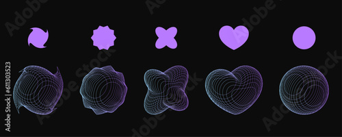 Editable stroke, futuristic set in trendy style. Surreal geometric shapes, and patterns, wireframe.