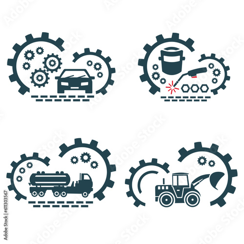 A set of vector logos of construction vehicles and car.
