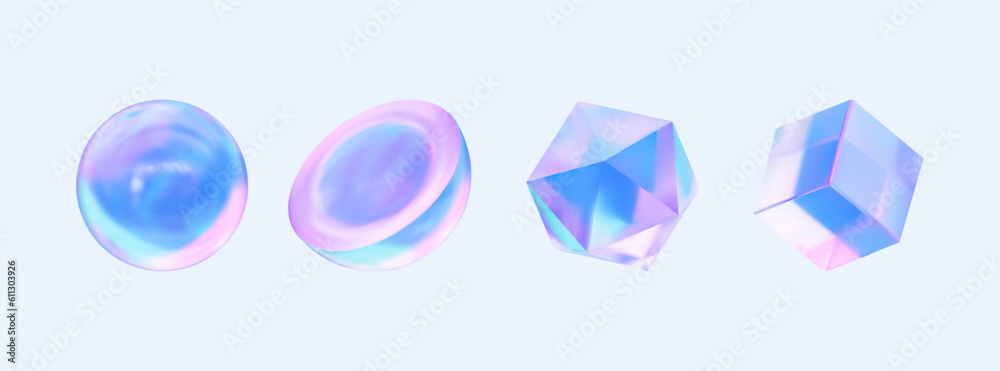 Hologram Geometric Shapes set. Cube, circle, crystal. Modern 3d Holography blue glass  object, futuristic blue  gradient shapes. 3d vector illustration isolated in blue background
