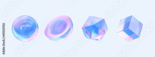 Hologram Geometric Shapes set. Cube, circle, crystal. Modern 3d Holography blue glass  object, futuristic blue  gradient shapes. 3d vector illustration isolated in blue background
