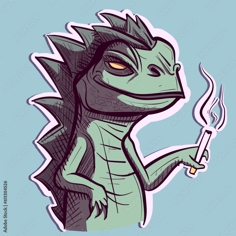 Digital art of a green iguana smoking a cigarette. Vector of a reptile cartoon character relaxing