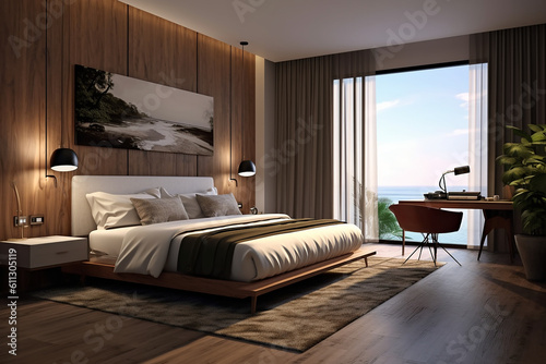 Modern bedroom, and living room in a contemporary house, with a 3D mockup canvas frame on the wall, Generated with AI © SardarMuhammad