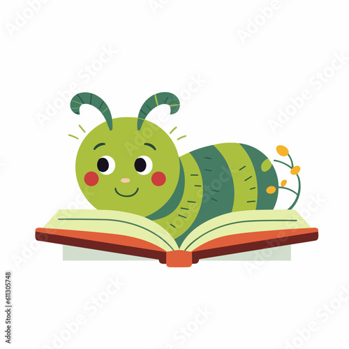 caterpillar reading a book - childrens drawing - flat vector art