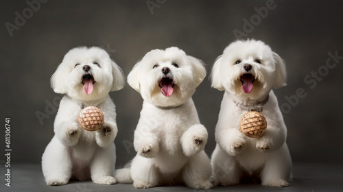 studio shot of 3 cute Bichon Frise dogs catching treats on an isolated background. Generative AI © Bartek
