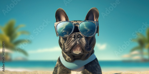 Sunny Side Doggo: Funny Boston Terrier Dog with a Cute Smile, Posing on the Beach. Generative AI © Bartek