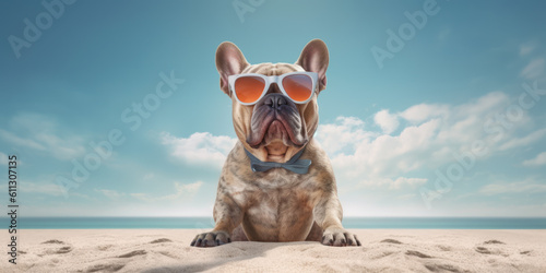 Hilarious Expression: Funny-Faced French Bulldog in Sunglasses on the Sandy Beach. Generative AI