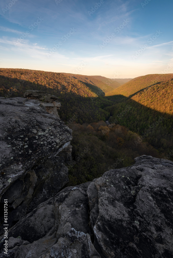 Springtime sunlight fills the Blackwater Canyon in Blackwater Falls State Park, West Virginia, viewed from Lindy Point.