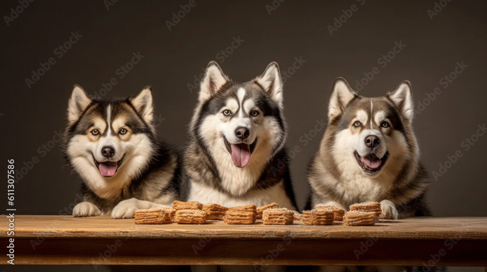 3 Playful Alaskan Malamute Dogs with Treats in Isolated Background. Generative AI