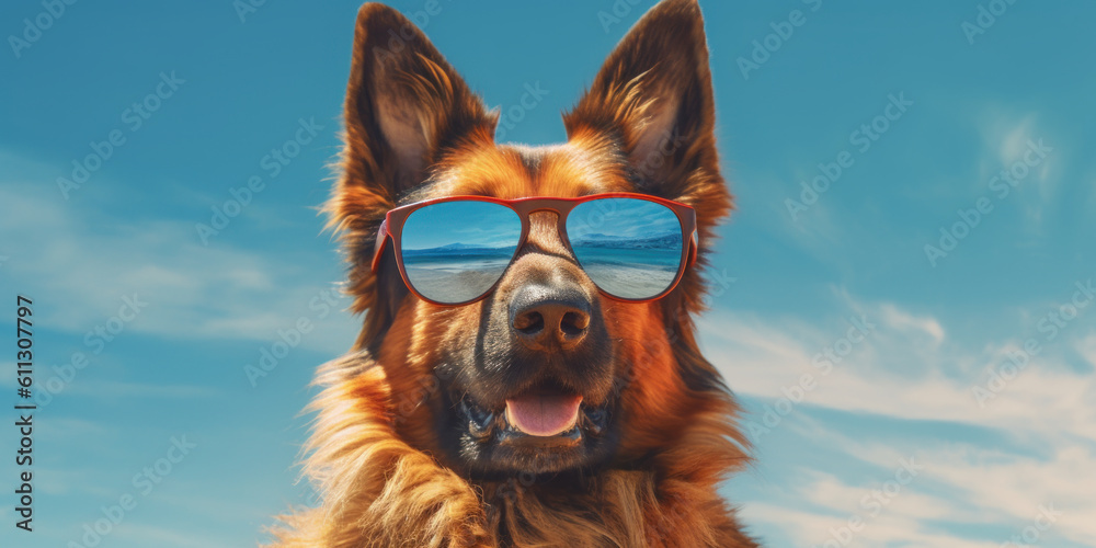 Sunny Smiles: German Shepherd Dog with Funny Expression Enjoys a Day at the Beach. Generative AI