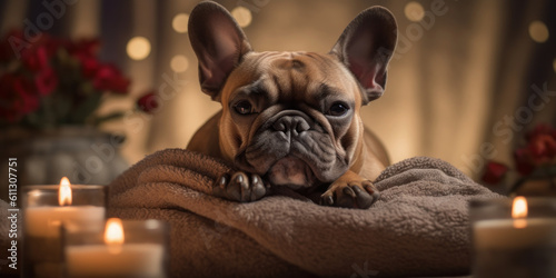 Canine Retreat: Sleeping French Bulldog Enjoys Pampering in Spa Studio Amidst Candles and Flowers. Generative AI © Bartek