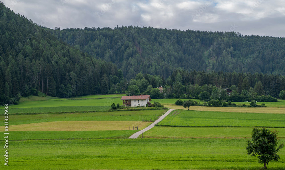 Obraz premium Idyllic spring colorful rural landscape in Switzerland. Farm houses with meadow and rural landscape on a blue sky spring day. Mountains in the background.