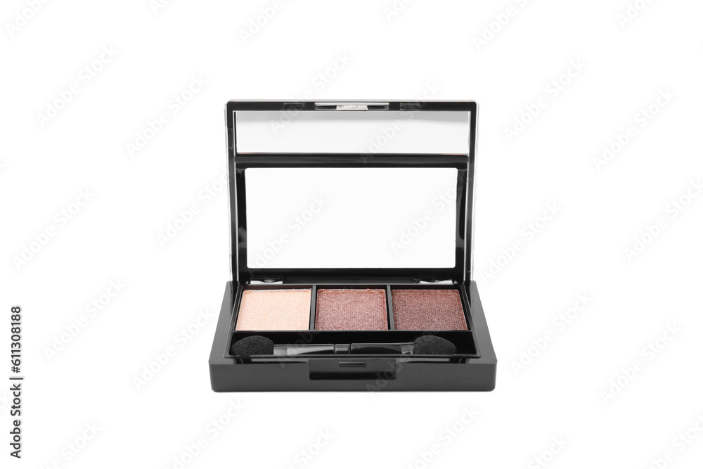 Beautiful eye shadow palette with brush isolated on white Beautiful eye shadow palette with brush isolated on white