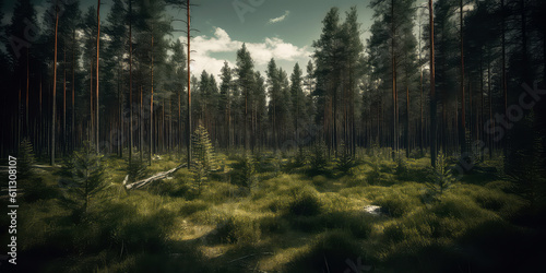 Woodland meadow landscape. Evergreen, deep forest with sunlight. Summer nature background, wallpaper. Generative ai © Inai