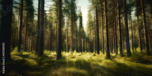 Woodland meadow landscape. Evergreen  deep forest with sunlight. Summer nature background  wallpaper. Generative ai