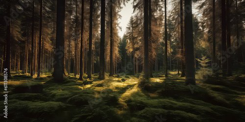 Woodland meadow landscape. Evergreen, deep forest with sunlight. Summer nature background, wallpaper. Generative ai © Inai