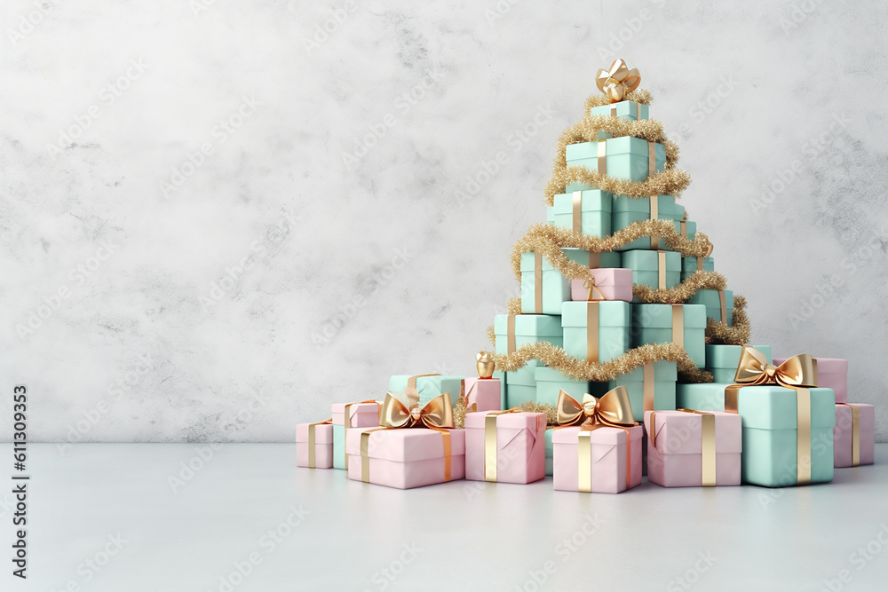 Mint and pink gift boxes with golden bows. Generative AI Mint and pink gift boxes with golden bows. Generative AI