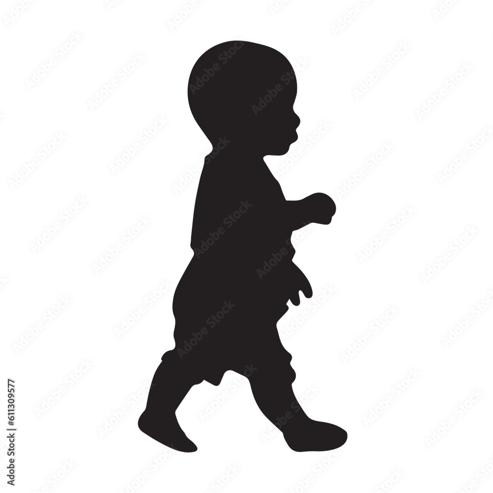 A child Walking Flat Vector Silhouette Illustration.