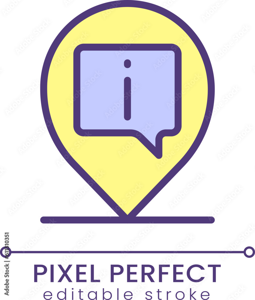 Info pin pixel perfect RGB color icon. Location mark on map. Finding information center. Isolated vector illustration. Simple filled line drawing. Editable stroke. Poppins font used Info pin pixel perfect RGB color icon. Location mark on map. Finding information center. Isolated vector illustration. Simple filled line drawing. Editable stroke. Poppins font used