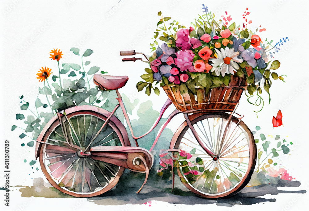 Watercolor painting of a bicycle full of flowers. Generative AI.