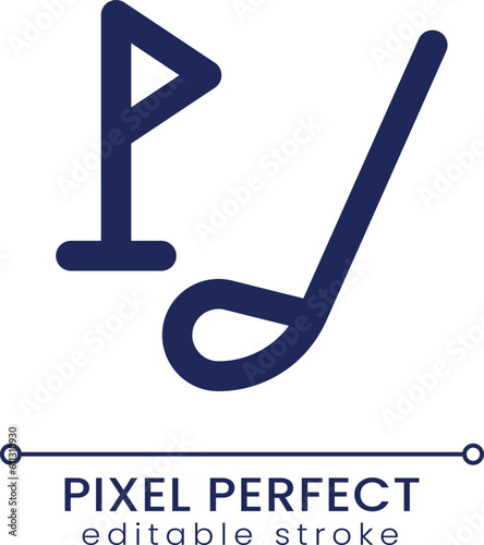 Golf driver and cup tag pixel perfect linear ui icon. Equipment for sports game. GUI, UX design. Outline isolated user interface element for app and web. Editable stroke. Poppins font used
